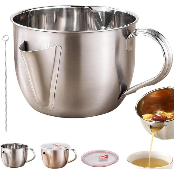 Stainless Steel Fat Separator with Dual Spout for Gravy, 1L Soup Grease Strainer with Lid