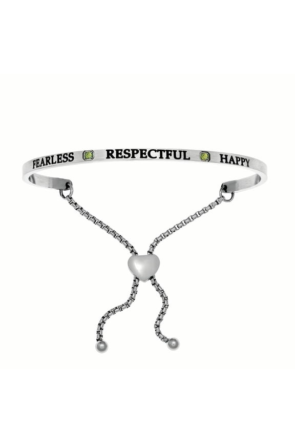 Stainless Steel Fearless, Respectful, Happy August Lite Green Birthstone Bangle Bracelet, 7