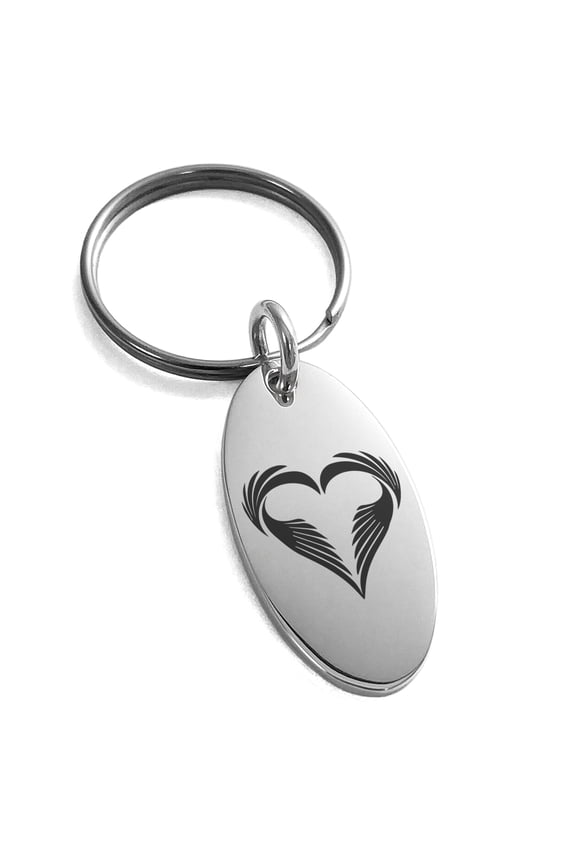 Stainless Steel Feather Heart Engraved Small Oval Charm Celtic Keychain Keyring