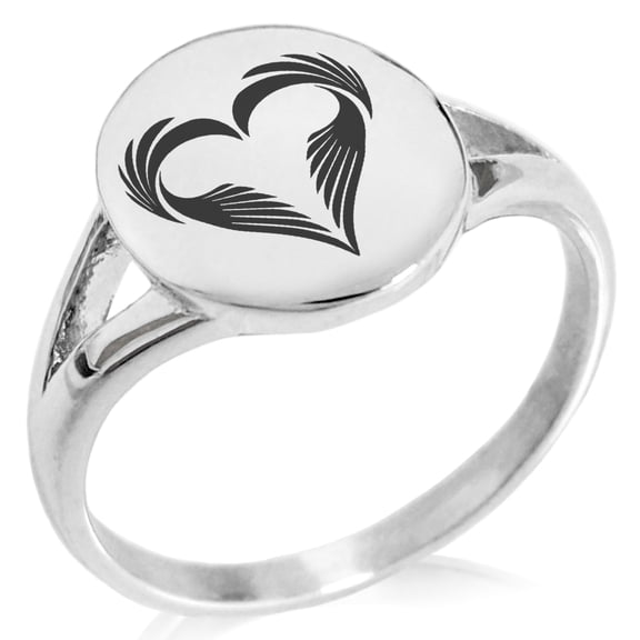Stainless Steel Feather Heart Minimalist Oval Top Polished Statement Ring