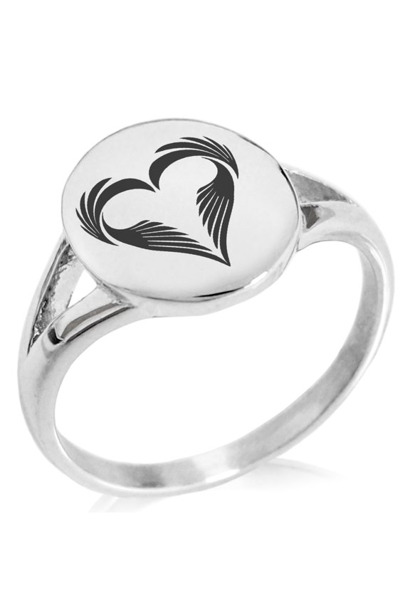 Stainless Steel Feather Heart Minimalist Oval Top Polished Statement Ring