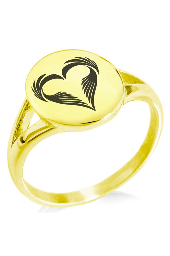 Stainless Steel Feather Heart Minimalist Oval Top Polished Statement Ring
