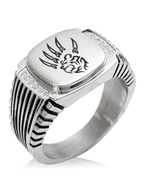 Stainless Steel Ferocious Bear Claw CZ Ribbed Needle Stripe Pattern Biker Style Polished Ring