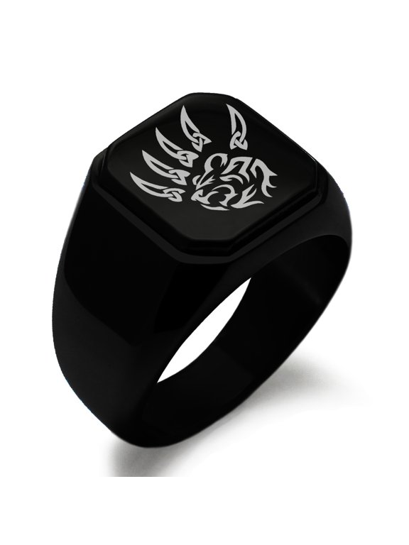 Stainless Steel Ferocious Bear Claw Engraved Square Flat Top Biker Style Polished Ring