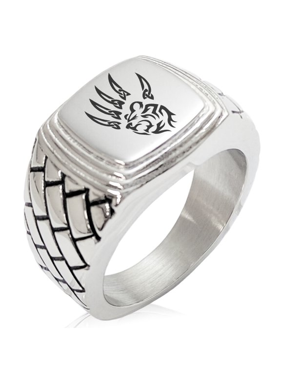 Stainless Steel Ferocious Bear Claw Geometric Pattern Step-Down Biker Style Polished Ring