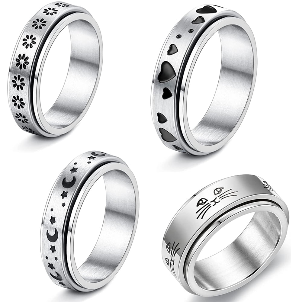 Stainless Steel Fidget Rings for Women Mens Spinner Rings Flower