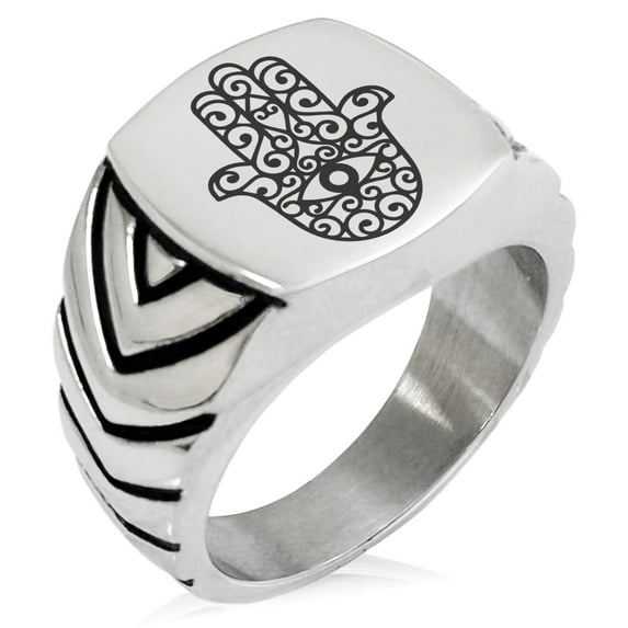 Stainless Steel Filigree Hamsa Hand of Fatima Chevron Pattern Biker Style Polished Ring