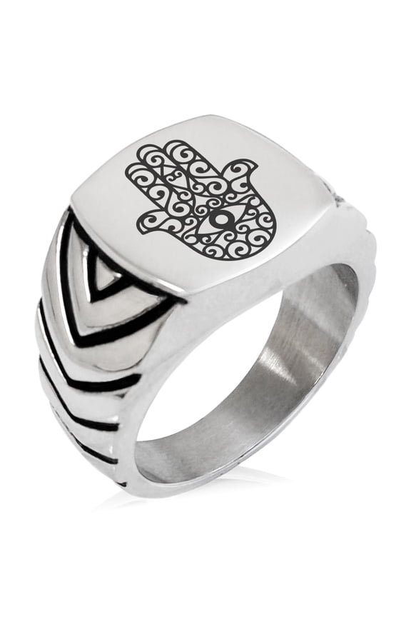 Stainless Steel Filigree Hamsa Hand of Fatima Chevron Pattern Biker Style Polished Ring