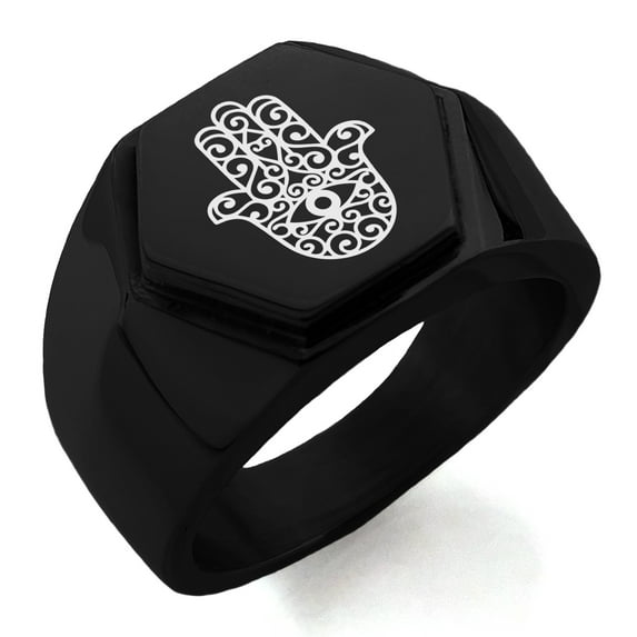 Stainless Steel Filigree Hamsa Hand of Fatima Engraved Hexagon Crest Flat Top Biker Style Polished Ring