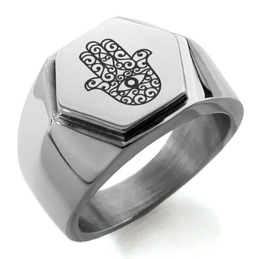Stainless Steel Filigree Hamsa Hand of Fatima Engraved Hexagon Crest Flat Top Biker Style Polished Ring