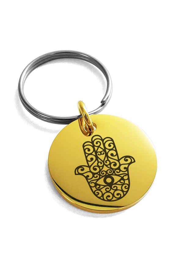 Stainless Steel Filigree Hamsa Hand of Fatima Engraved Small Medallion Circle Charm Keychain Keyring For Unisex 25mm.