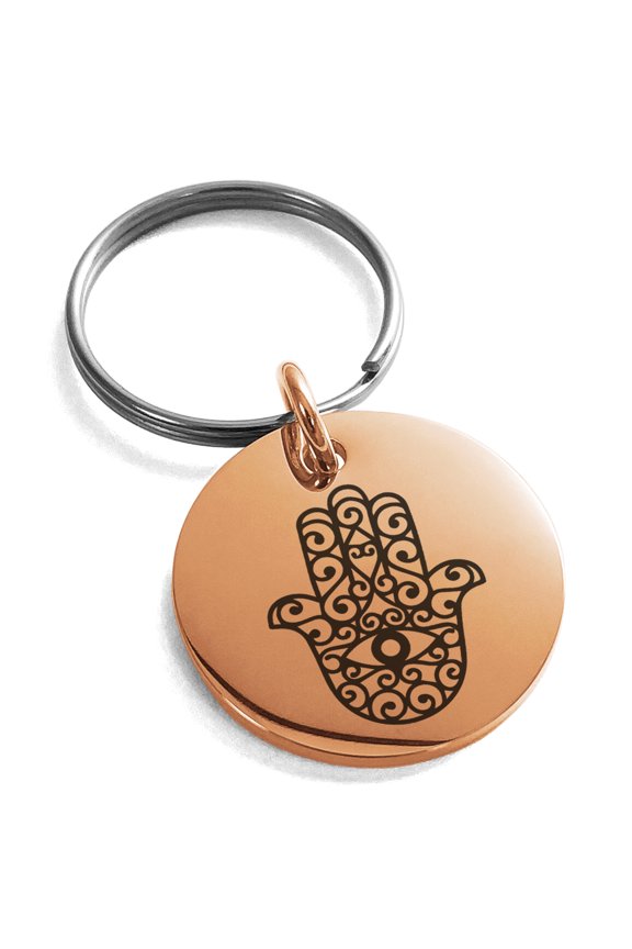 Stainless Steel Filigree Hamsa Hand of Fatima Engraved Small Medallion Circle Charm Keychain Keyring For Unisex 25mm