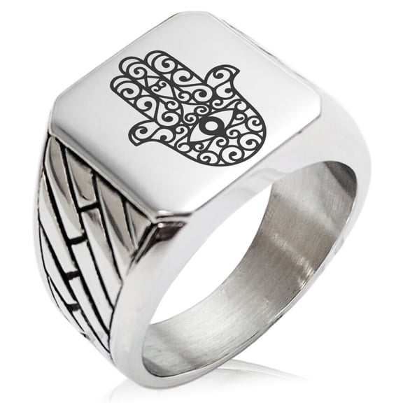 Stainless Steel Filigree Hamsa Hand of Fatima Geometric Pattern Biker Style Polished Ring