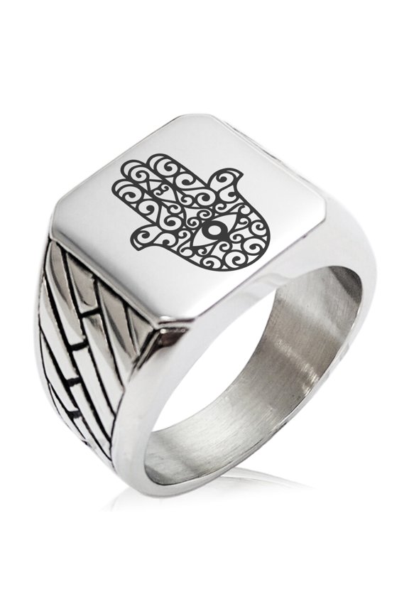 Stainless Steel Filigree Hamsa Hand of Fatima Geometric Pattern Biker Style Polished Ring
