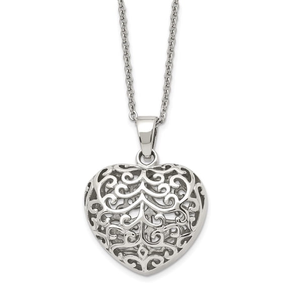 Stainless Steel Filigree Puffed Heart Pendant Necklace Fine Jewelry For Women Gifts For Her, 22"