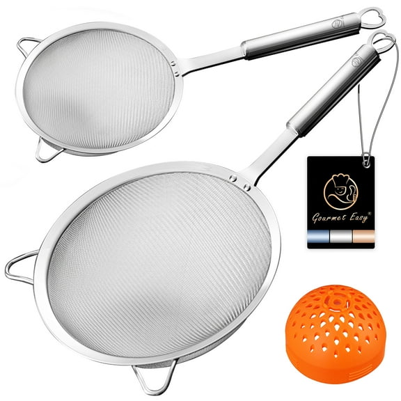 Stainless Steel Fine Mesh Strainer Set–1 Large Flour Sifter with Sturdy Handle + 1 Small Mesh Sieve for Pasta & Rice + 1 Silicone Can Strainer – Stable, Durable, Dishwasher Safe, 5-Year Warranty(SS)