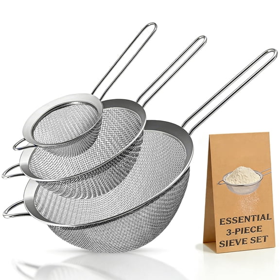 Stainless Steel Fine Mesh Strainers Set, 3 Sizes 3.15 5.5 7.87 Inch, Durable Colander Sieve Sifter for Flour, Pasta, Rice, Tea, Baking, Cooking, Vegetables, Dishwasher Safe, Silver