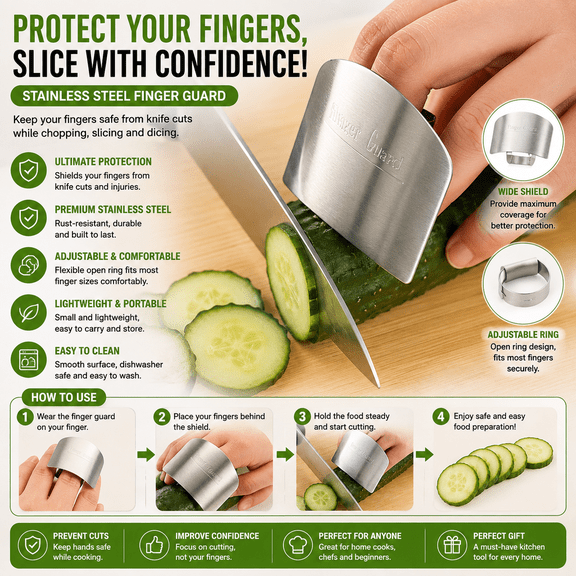 Stainless Steel Finger Guard for Cutting, Adjustable Kitchen Finger Protector, Anti Cut Finger Shield for Vegetable Chopping, Slicing, Dicing, Meat Cutting and Meal Prep