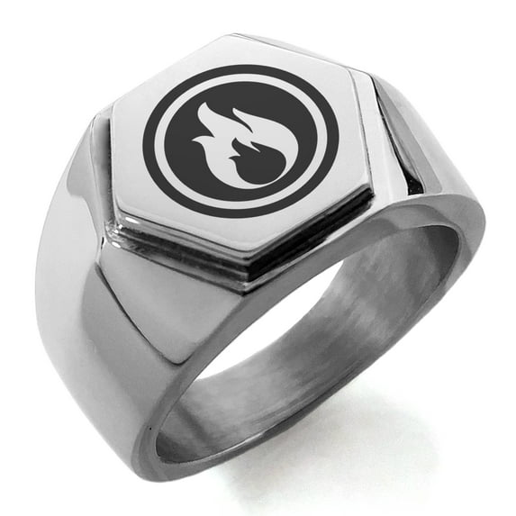 Stainless Steel Fire Element Rune Engraved Hexagon Crest Flat Top Biker Style Polished Ring