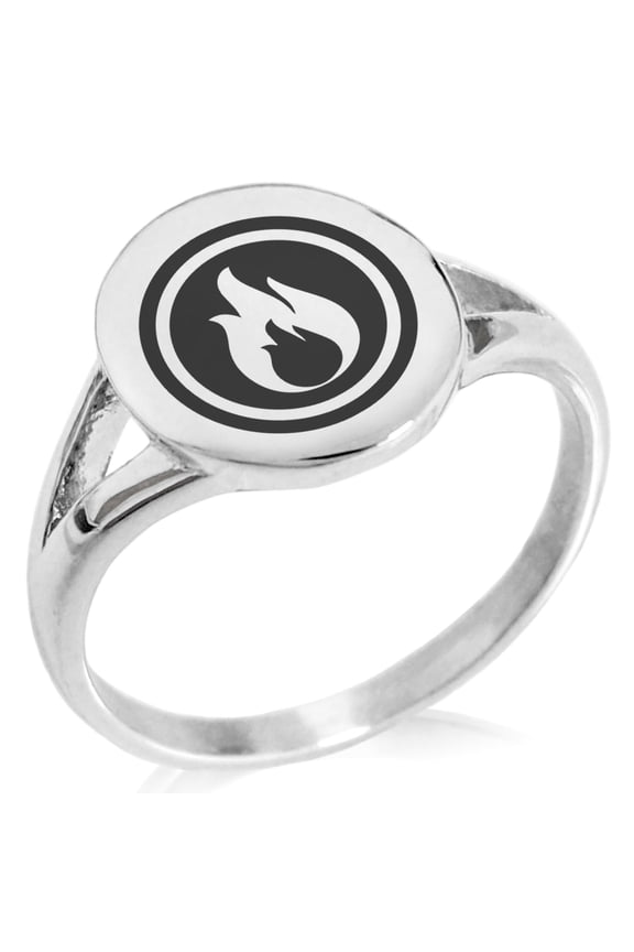 Stainless Steel Fire Element Rune Minimalist Oval Top Polished Statement Signet Ring