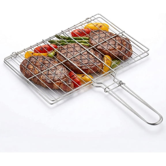 Stainless Steel Fish Grill Basket for Outdoor BBQ, Heavy Duty Lockable Grilling Rack for Fish Vegetables Steak Veggies Shrimp Meat, Portable Campfire Cooking Mesh Grate Tool, 12 x 8 Inch