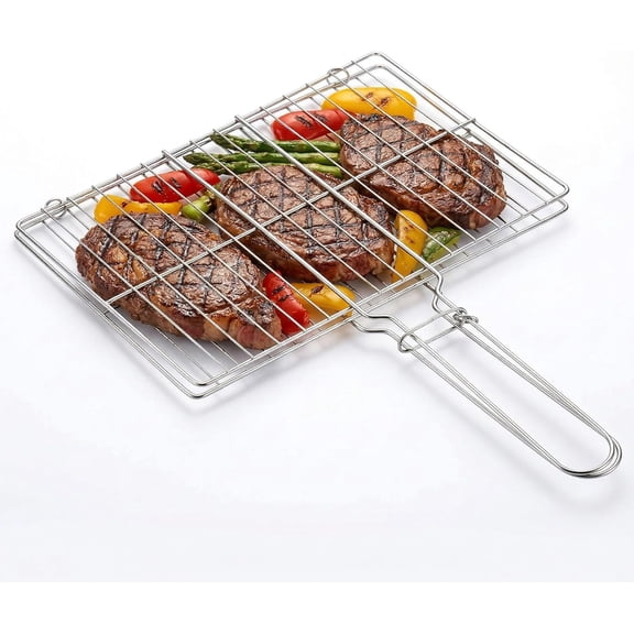 Stainless Steel Fish Grill Basket for Outdoor BBQ, Heavy Duty Lockable Grilling Rack for Fish Vegetables Steak Veggies Shrimp Meat, Portable Campfire Cooking Mesh Grate Tool, 12 x 8 Inch