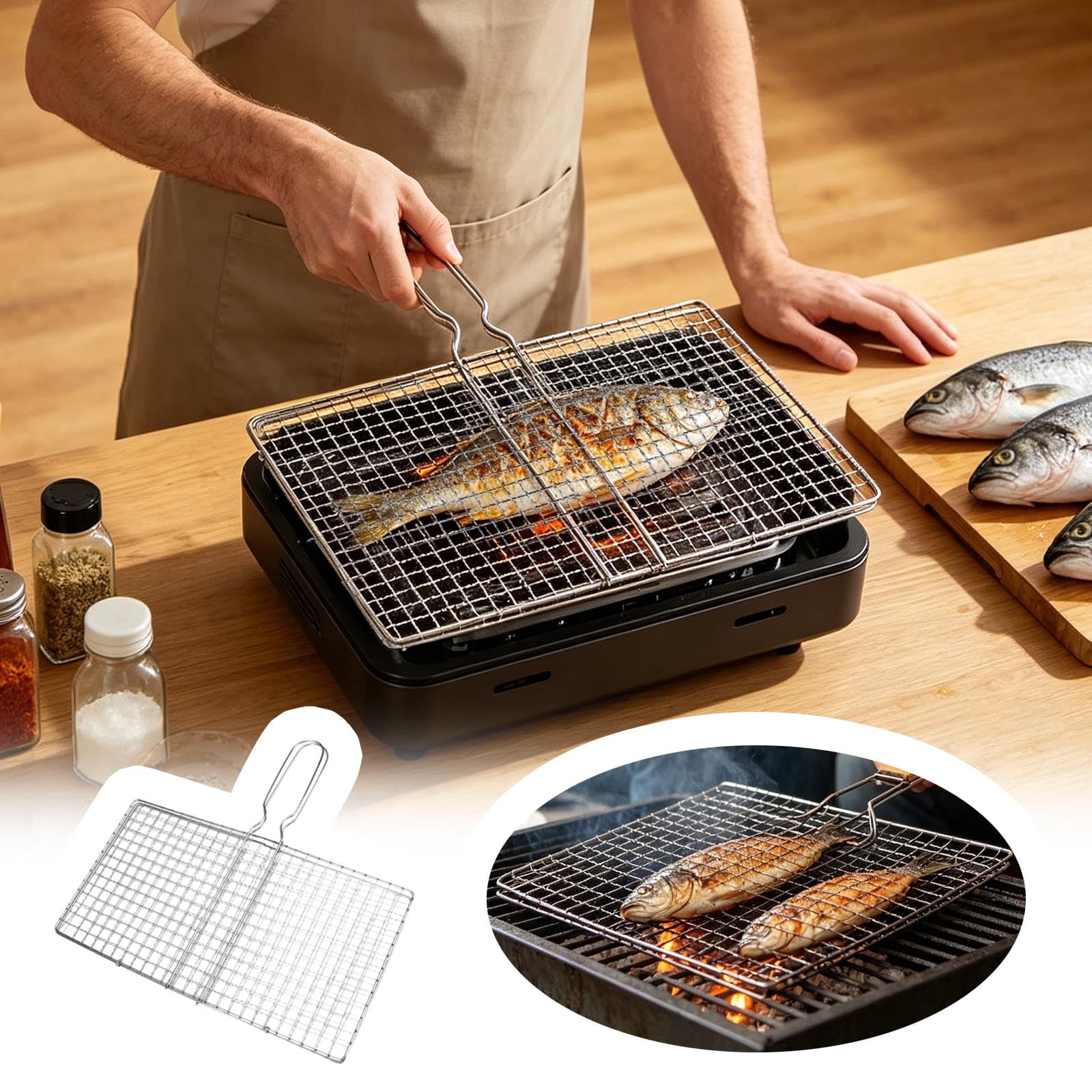 Stainless Steel Fish Grill Basket for Outdoor Bbq, Heavy Duty Lockable Grilling Rack for Fish Vegetables Steak Veggies Shrimp Meat, Portable Campfire Cooking Mesh Grate tool, 12 X 8 inch