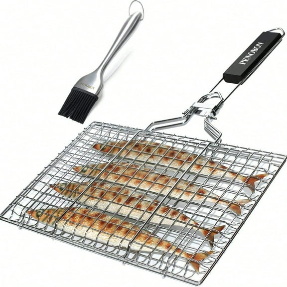 Stainless Steel Fish Grilling Basket, Folding Portable with Removable Handle & Brush