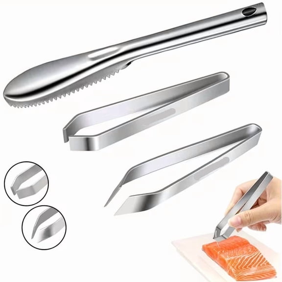 Stainless Steel Fish Scale Removal Tool Set - 3-Piece Seafood Preparation Tweezers for Easy Cleaning and Deboning