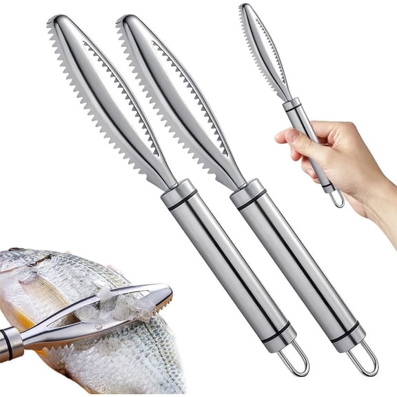 Stainless Steel Fish Scale Remover, Manual Fish Scraper for Kitchen Seafood Cleaning Tool, Serrated Ergonomic Fish Scaler for Home Cooking and Fishing Trips, Pack of 2