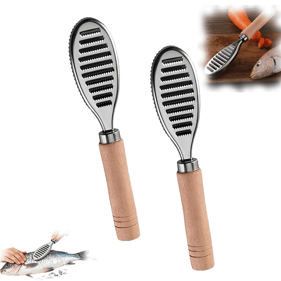 Stainless Steel Fish Scaler with Wooden Handle, Double-Sided Serrated Tool