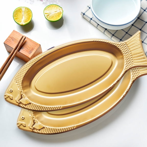 Gold Stainless Steel Fish Serving Platter, 2-Piece Fish-Shaped Dinner Plate Set, Ideal for Home Kitchen, Hotel Dining Hall, Restaurant Counter & School Canteen