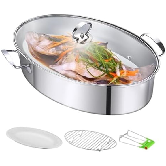 Stainless Steel Fish Steamer, Fish Steamer for Cooking Multi-Use Oval Pasta Pot/Braiser with Rack, Ceramic Pan, Chuck, Stockpot for Steaming Fish, Boiling Soup$$Home Decor, Kitchen, & Other