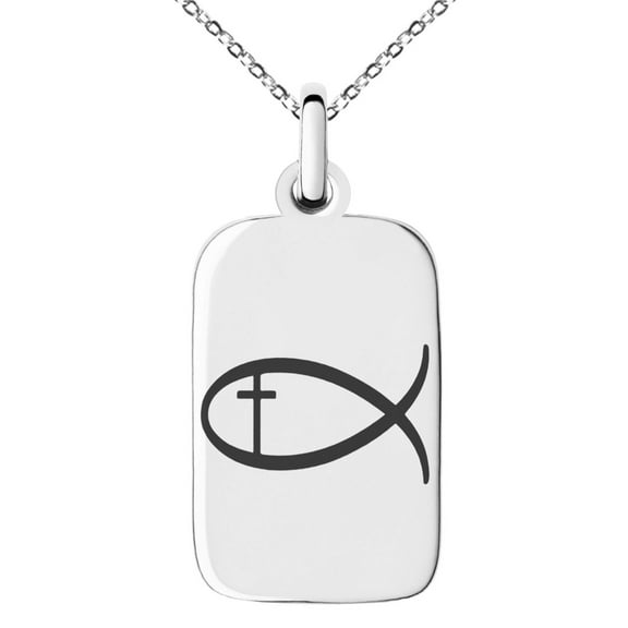 Stainless Steel Fish With Jesus Ichthus Cross Engraved Small Rectangle Dog Tag Charm Pendant Necklace