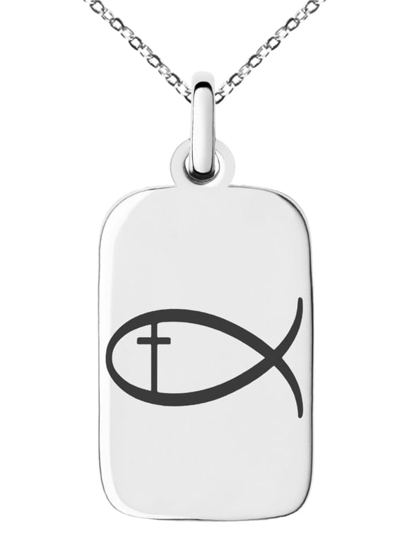 Stainless Steel Fish With Jesus Ichthus Cross Engraved Small Rectangle Dog Tag Charm Pendant Necklace