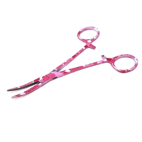 Stainless Steel Fishing Pliers Anglers Catch & Release Serrated Tool, Pink Hearts 5.5" Curved