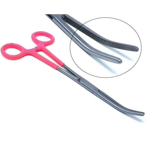 Stainless Steel Fishing Pliers Anglers Catch & Release Serrated Tool, Pink Vinyl Grip 8" Curved