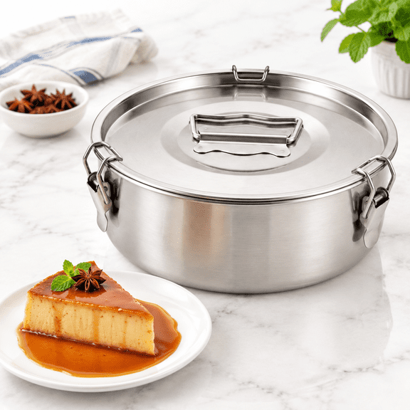 Stainless Steel Flan Mold with Lid, 7.65 x 2.9 In, For Water Bath Baking and Quesillo