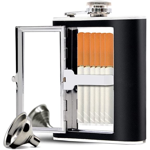 Stainless Steel Flask, Leak-proof Pocket Hidden Flasks with Built-in Cigarette Case and Leather Wrapped Cover, Black Hip Flask Mini Funnel Set for Liquor Men Women