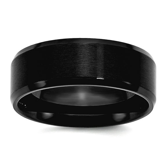Stainless Steel Flat Band 8mm Black Ip Plated Brushed Polished Beveled Edge Band Ring Size 11 Ring for Women and Men