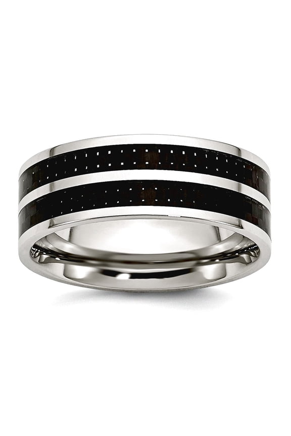 Stainless Steel Flat Band 8mm Double Row Black Carbon Fiber Inlay Polished Band Ring Size 11 Ring for Women and Men