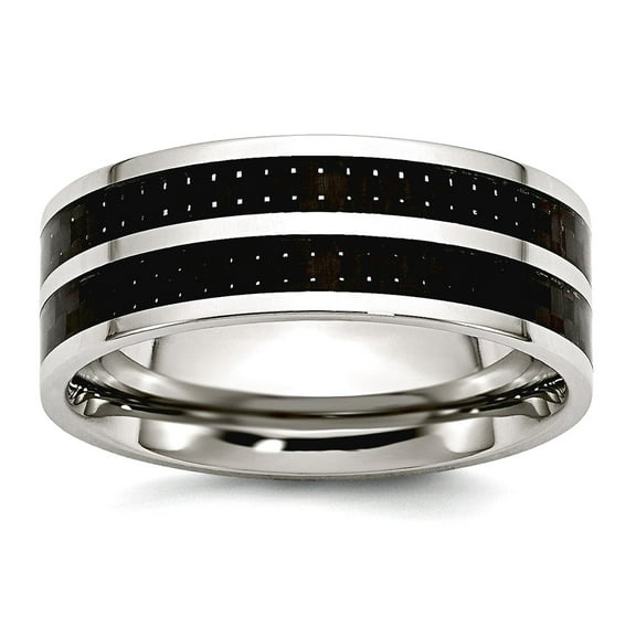 Stainless Steel Flat Band 8mm Double Row Black Carbon Fiber Inlay Polished Band Ring Size 8 Ring for Women and Men