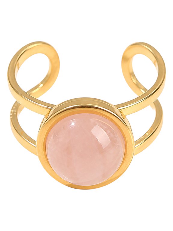 Stainless Steel Flat Round Polished Adjustable Cuff Ring Gold Rose Quartz R120