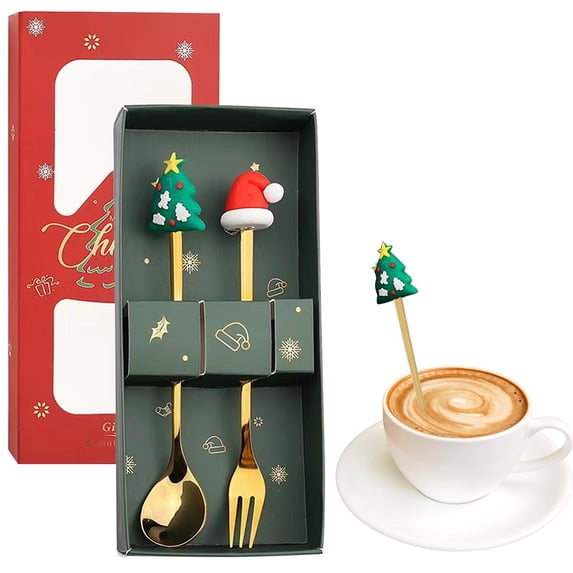 Stainless Steel Flatware Christmas Spoon & Fork Set – Christmas Tree & Santa Hat Themed (1 Pair)