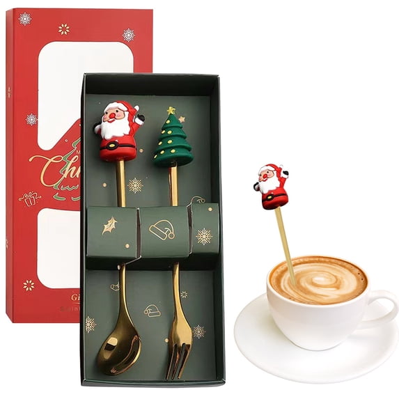 Stainless Steel Flatware Christmas Spoon & Fork Set – Santa & Christmas Tree Themed (1 Pair)
