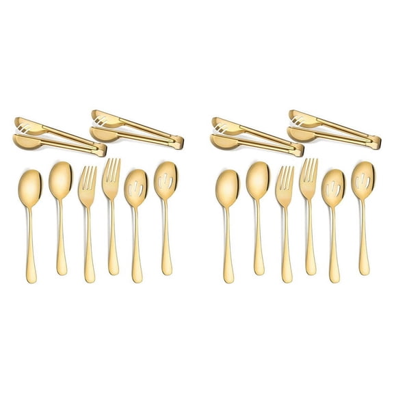 Stainless Steel Flatware Serving Utensils Large Serving Spoon Set of for Kitchen (Gold,16 Pieces)