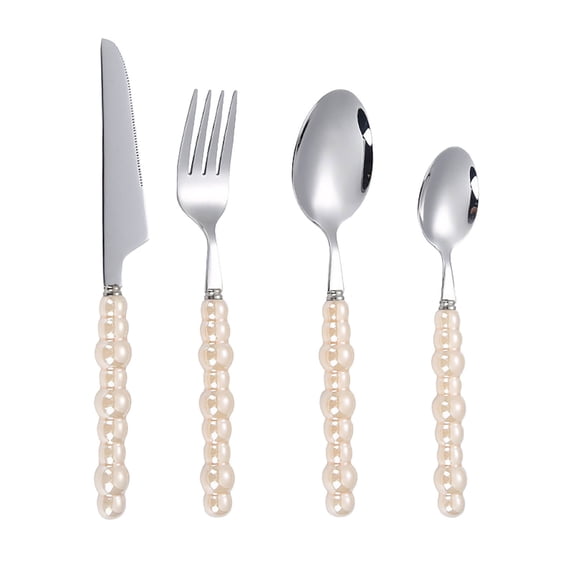 Stainless Steel Flatware Set, 4-Piece Unique Handcrafted Tableware, Natural Wood Handle Spoon Fork Knife Set for Dining Travel Parties, Beige