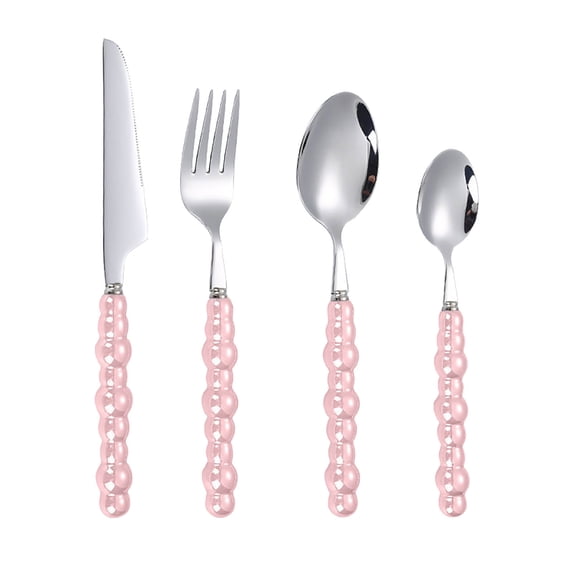 Stainless Steel Flatware Set, 4-Piece Unique Handcrafted Tableware, Natural Wood Handle Spoon Fork Knife Set for Dining Travel Parties, Pink