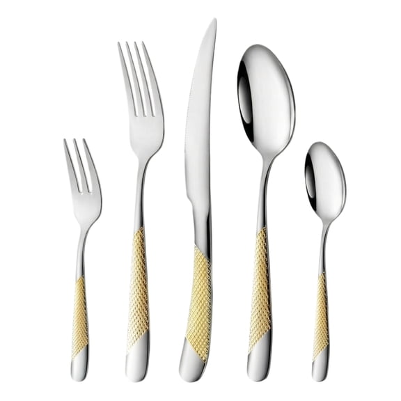 Stainless Steel Flatware Set, Gold Handles, 5 Pc, 8 in Polished Stainless Steel Cutlery, Fork Model and Spoon Set, Daily Dining, Holiday Entertaining