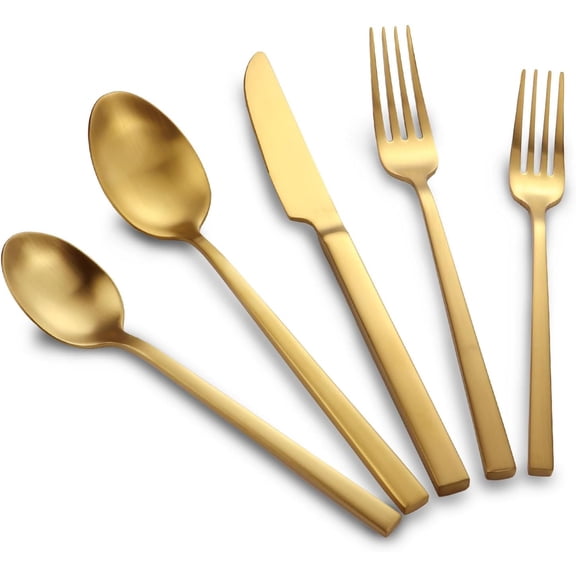 Stainless Steel Flatware Set Hand Forged 18/10 Silverware Set Cutlery Set Gold Cuboid Handle Matte Finished 20 Pieces Service for 4